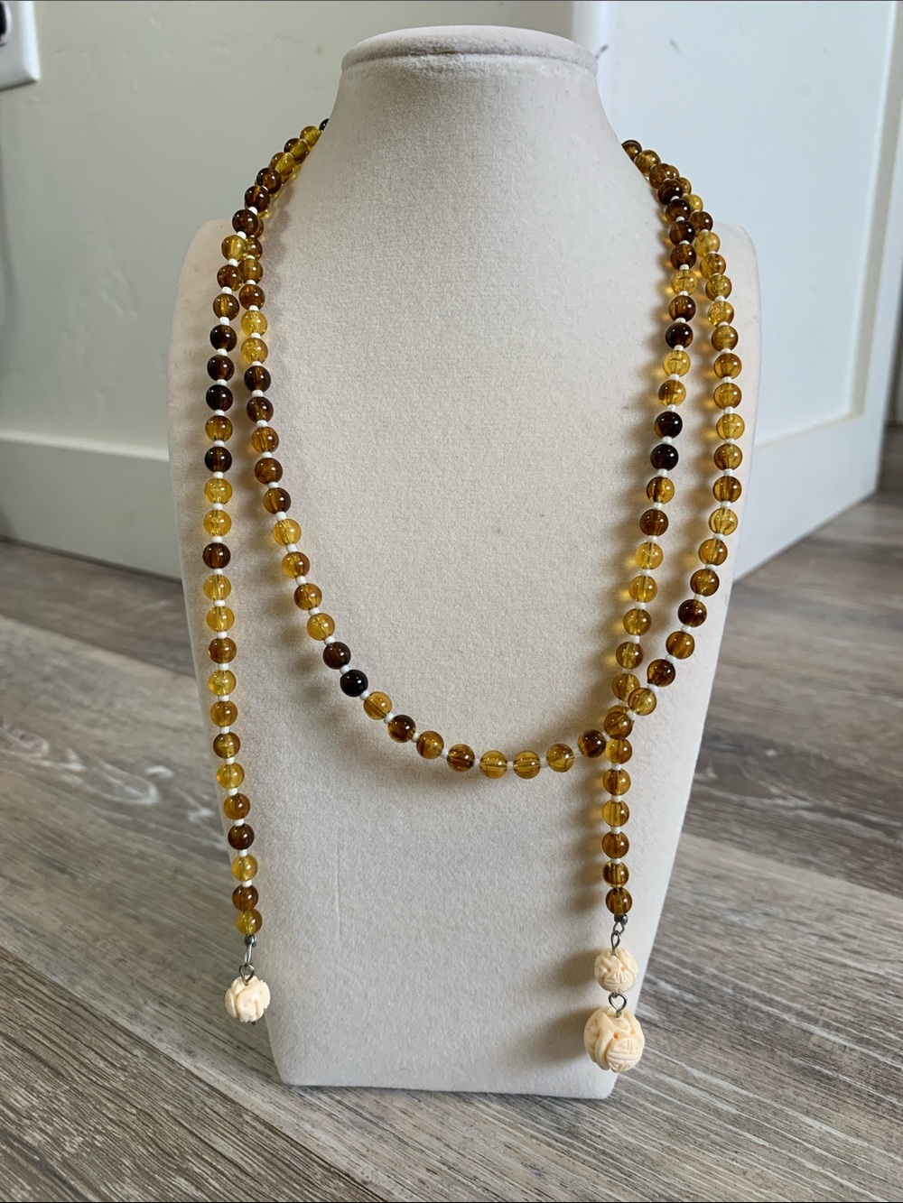 Amber Bead Lariat Necklace - Honey Brown